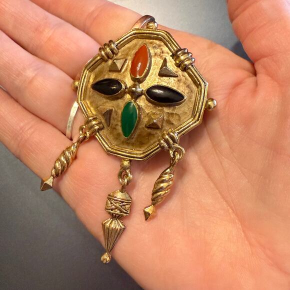 Vintage Etruscan Revival Gold Tone Enamel Chandelier Brooch - Picture 7 of 7